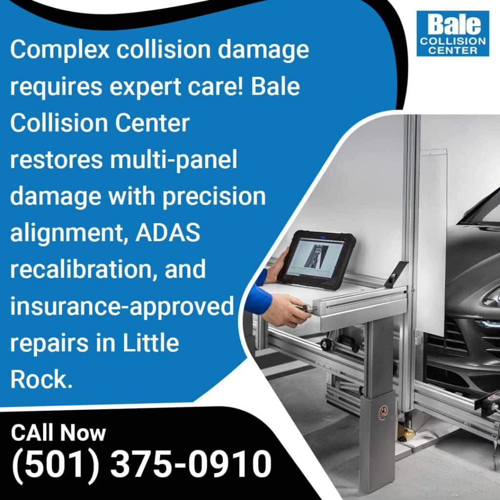 How Bale Collision Center Handles Multi-Panel Collision Damage in Little Rock, AR
When multiple body panels are damaged in a collision, the repair becomes much more complex than fixing a single dented door or scratched bumper. Multi-panel collision damage requires expertise, advanced diagnostic tools, and careful coordination to restore your vehicle's structural integrity, safety systems, and appearance. At Bale Collision Center (Downtown), our I-CAR Platinum-certified technicians have the training and equipment needed to handle even the most challenging multi-panel repairs.

Multi-panel repairs involve coordinating structural work, panel replacement, paint matching across multiple surfaces, and recalibrating safety systems. Our team uses advanced measuring systems, diagnostic scanners, and professional paint technology to deliver collision repairs in Downtown Little Rock, AR, that meet factory specifications. This article explains why multi-panel damage is different and how our auto collision repair process restores your vehicle safely and completely.
Common Multi-Panel Damage Scenarios
Multi-panel damage typically occurs in specific collision patterns, each presenting unique challenges that require different auto collision repair approaches. Side-impact collisions often damage doors, quarter panels, and roof pillars simultaneously. T-bone accidents affect multiple panels on one side of the vehicle, from the front fender through the rear quarter panel. These repairs require careful coordination to restore structural integrity and proper panel alignment.

Front-end collisions can damage the hood, both fenders, bumper, grille, and headlight assemblies at once. When the impact is severe enough, it may also affect the frame rails and core support structure. This type of damage requires both cosmetic panel work and structural repairs to restore safety.
When Multiple Systems Are Affected
Multi-panel damage often affects several vehicle systems beyond just the body panels. Electrical wiring that runs between panels may be damaged, causing problems with lights, power windows, or door locks. Cooling system components behind the front panels may be damaged in frontal collisions.

At Bale Collision Center, we check all related systems when repairing multi-panel damage. This includes testing electrical connections, checking fluid lines, and verifying that mechanical components like door handles and window regulators still function properly after panel repairs.
The Complex Nature of Multi-Panel Damage
Multi-panel collision damage affects several body sections at once. This creates challenges that don't exist with single-panel repairs. When multiple panels are damaged, the underlying structure is often affected too. Thorough assessment and coordinated repairs are required to restore proper alignment and safety.

The complexity increases because each repaired panel must align perfectly with its neighbors to maintain proper gaps, seals, and structural integrity. A misaligned panel can cause door problems, window leaks, and even affect how your car handles. More importantly, multi-panel damage usually means the vehicle's frame has been affected, which can compromise your safety if not repaired correctly.
When Your Car's Structure Is Damaged
Multi-panel damage often involves your vehicle's structural components, including the frame rails and crumple zones that protect you during a crash. These parts work together to absorb impact energy during the collision and keep you safe. When multiple panels are damaged, the structure underneath may be bent or weakened.

At Bale Collision Center, we use computerized measuring systems to check structural damage with millimeter precision. Our technicians understand that even small misalignments can affect how your vehicle protects you in a future collision. This is why our auto collision center follows manufacturer procedures for structural repairs, using the same materials and techniques specified by your car's maker.
Modern Safety Features Need Special Attention
Today's vehicles have safety sensors, cameras, and electronic components built into body panels. When several panels are damaged, these systems may need recalibration or replacement to work properly. Advanced Driver Assistance Systems (ADAS) features like collision warning, lane assistance, and adaptive cruise control are commonly mounted in bumpers, mirrors, windshields, and grilles, which are areas frequently affected in collisions.

Our vehicle collision repair facility uses professional diagnostic tools to identify which safety systems have been affected and make sure they work correctly after repairs. This step is important because malfunctioning safety systems can fail to protect you or activate at the wrong time.
How We Evaluate Multi-Panel Damage
Proper assessment is the foundation of effective multi-panel repairs. At Bale Collision Center, our evaluation goes beyond visible damage to identify structural issues and safety system problems that may not be obvious.

Our certified technicians start with a thorough visual inspection, documenting all damage and taking detailed photos for insurance purposes. Then we use advanced diagnostic tools to measure frame alignment, test electronic systems, and find damage that may be hidden under surface panels.
Finding Problems Others Miss
Multi-panel collisions often create hidden damage that only becomes apparent during the repair process. Damaged mounting brackets, cracked welds, and bent support structures may not be visible until panels are removed. Our collision repair technicians are trained to identify these issues early to avoid delays and make sure the repairs are complete.

At our auto collision center, we perform systematic inspections, carefully documenting any additional damage we discover. This helps avoid surprises and makes sure insurance estimates cover all necessary work.
Our Step-by-Step Repair Approach
Multi-panel damage requires a coordinated approach that addresses structural, cosmetic, and functional repairs in the right order. The repair process must be carefully planned so structural work is completed before cosmetic repairs, and all systems are properly tested before we return your vehicle.
Structure First, Everything Else Follows
Multi-panel repairs always begin with structural work. Any frame damage must be corrected before panels can be properly aligned and fitted. Our technicians use hydraulic straightening equipment and laser measuring systems to restore your vehicle's structure to factory specifications.
Precision Panel Work
Once structural repairs are complete, damaged panels can be replaced or repaired. Multi-panel repairs require careful attention to panel gaps and alignment because each panel must fit properly with its neighbors. Poor alignment can cause wind noise, water leaks, and premature wear of seals.

Our auto collision repair technicians use precision measuring tools to maintain proper panel placement. We follow manufacturer procedures for welding and bonding, using the same techniques specified by your vehicle's maker.
Professional Paint Matching
One of the biggest challenges in multi-panel repairs is achieving consistent paint color across all repaired surfaces. Color variations that might be acceptable on a single panel become obvious when multiple panels are painted next to each other.

We use BASF waterborne paint technology and advanced color-matching equipment to create consistent color and finish across all repaired panels. Our paint technicians blend colors between panels when necessary and apply multiple coats to achieve a uniform appearance.
Why Perfect Alignment Matters
Proper alignment affects much more than appearance in multi-panel repairs. When panels aren't correctly aligned, it can compromise your vehicle's performance and safety system operation. Door seals may not work properly, allowing water and air leaks that can damage your interior and increase road noise.

Misaligned panels also affect crash protection. Crumple zones in modern vehicles depend on proper panel alignment. When panels are poorly aligned, your vehicle may not protect you as designed in a future collision.
Keeping Safety Systems Working
Modern safety systems depend on precise sensor placement and panel alignment to work correctly. Radar and camera systems use mounting points in bumpers and mirrors that must be positioned exactly right to operate properly. When multiple panels are repaired, these mounting points must be restored to exact specifications.

Our auto collision center uses professional equipment to recalibrate safety systems after multi-panel repairs. This makes sure that features like adaptive cruise control and collision avoidance work as designed. Proper calibration is needed because malfunctioning safety systems can create dangerous situations.
Why Choose Bale Collision for Multi-Panel Collision Repairs in Downtown Little Rock, AR
We have been providing vehicle collision repair services in Little Rock since 1952, building expertise in handling even the most complex multi-panel damage. Our facility holds I-CAR Gold Class certification, giving us the training and experience needed to restore vehicles with extensive damage to factory specifications.
Certified Expertise You Can Trust
Our technicians hold I-CAR Platinum and ASE certifications, showing their expertise in vehicle collision repair techniques and safety procedures. They undergo ongoing training to stay current with new vehicle technologies and repair methods, making sure we can handle the latest vehicle models and safety systems.

Our auto collision center uses professional frame straightening equipment, diagnostic scanners, and waterborne paint systems. This equipment enables us to perform collision repairs in Downtown Little Rock, AR, that meet manufacturer specifications and provide long-lasting results.
Insurance Partnership and Clear Communication
We work directly with all major insurance companies to streamline the claims process and make sure necessary repairs are approved promptly. Our team manages the insurance paperwork and provides detailed documentation of all repair work, helping you navigate the claims process with minimal stress.

As Catherine shared in her review: "Bale Collision did an amazing job repairing my car. Their customer service was beyond excellent. They saved me from an insurance adjuster who was extremely dismissive and worked out all the details! My car looked great, and work was completed early. I highly recommend them!" Catherine's experience shows exactly how we stand up for our customers when insurance adjusters don't fully understand the complexity of repairs or try to approve shortcuts that compromise safety.

We also provide regular updates throughout the repair process and explain any additional work that may be discovered. Our goal is to keep you informed while handling the technical aspects of complex multi-panel repairs professionally.
Get Professional Multi-Panel Collision Repair
Multi-panel collision damage requires specialized expertise, advanced equipment, and careful attention to detail. At Bale Collision Center, our certified technicians have the training and tools needed to restore your vehicle's safety, performance, and appearance after complex collision damage.

Don't trust multi-panel repairs to shops that may cut corners or lack proper equipment. Contact Bale Collision Center at (501) 375-0910 or bccdowntown@baleautomotive.com for a detailed assessment of your multi-panel damage. Our certified technicians will explain the repair process and restore your vehicle to pre-accident condition. We work with all major insurance companies and provide the expertise you need for safe, reliable collision repairs in Downtown Little Rock, AR, and nearby areas.
