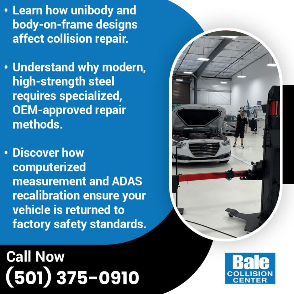 Vehicle undergoing computerized frame measurement and ADAS calibration in auto body collision repair shop