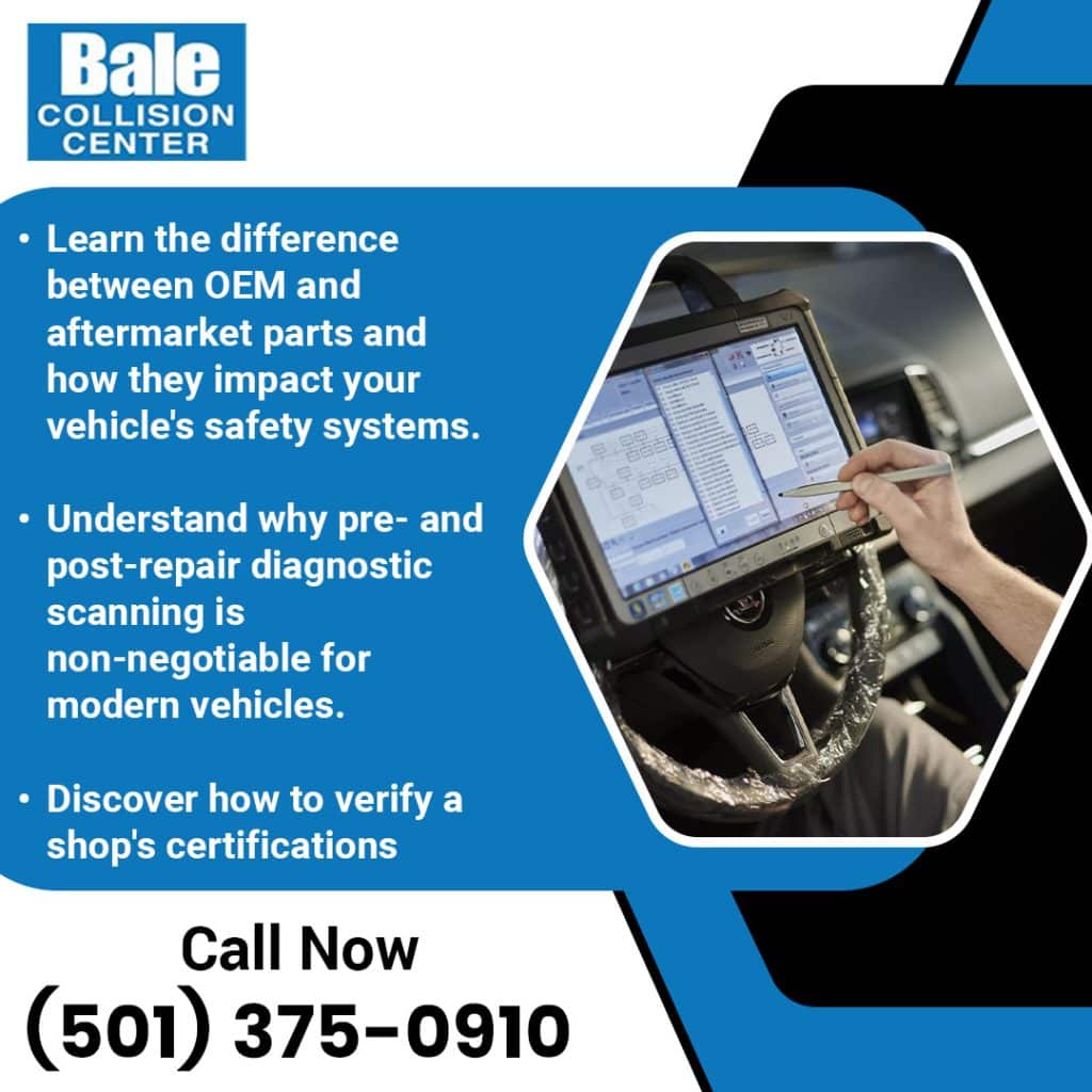 Technician using diagnostic scan tool inside vehicle to check systems during collision repair process